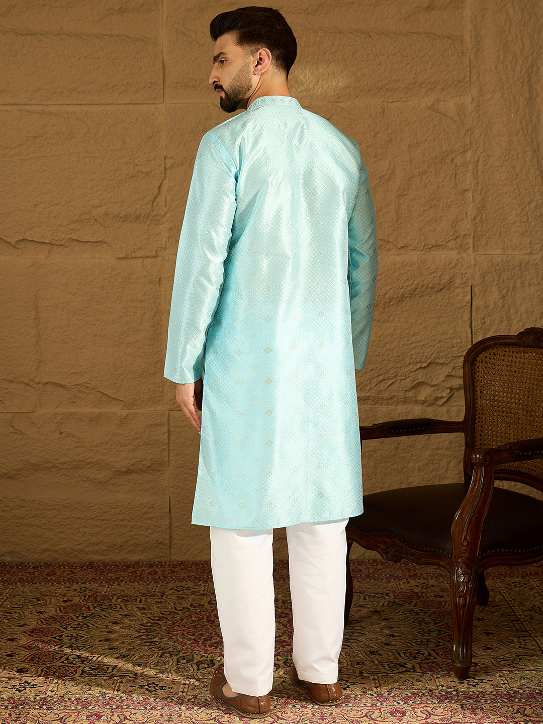 Men Blue Silk Blend Solid Woven Design Straight Kurta-MKU1350