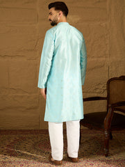 Men Blue Silk Blend Solid Woven Design Straight Kurta-MKU1350
