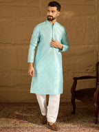 Men Blue Silk Blend Solid Woven Design Straight Kurta-MKU1350