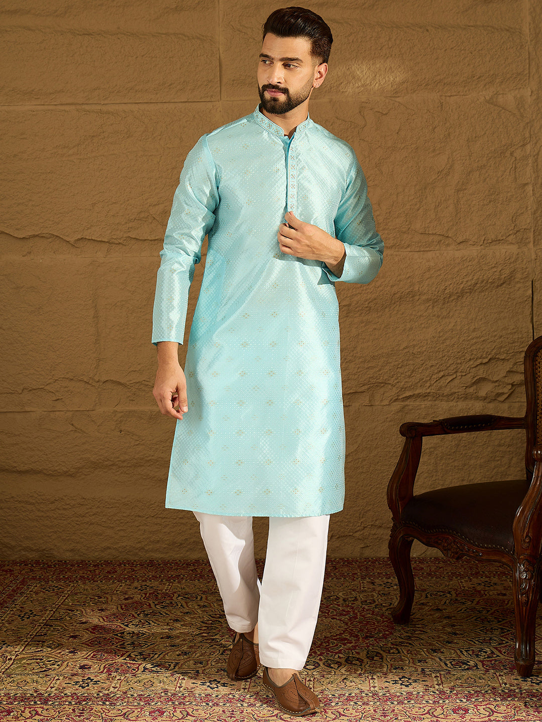 Men Blue Silk Blend Solid Woven Design Straight Kurta-MKU1350