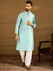 Men Blue Silk Blend Solid Woven Design Straight Kurta-MKU1350