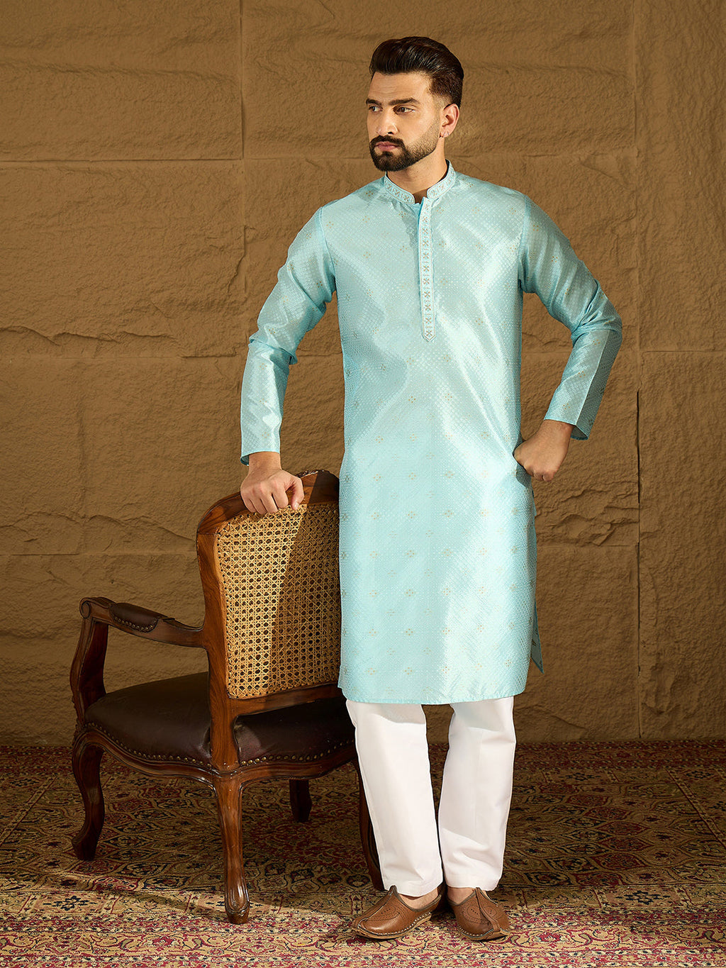 Men Blue Silk Blend Solid Woven Design Straight Kurta-MKU1350