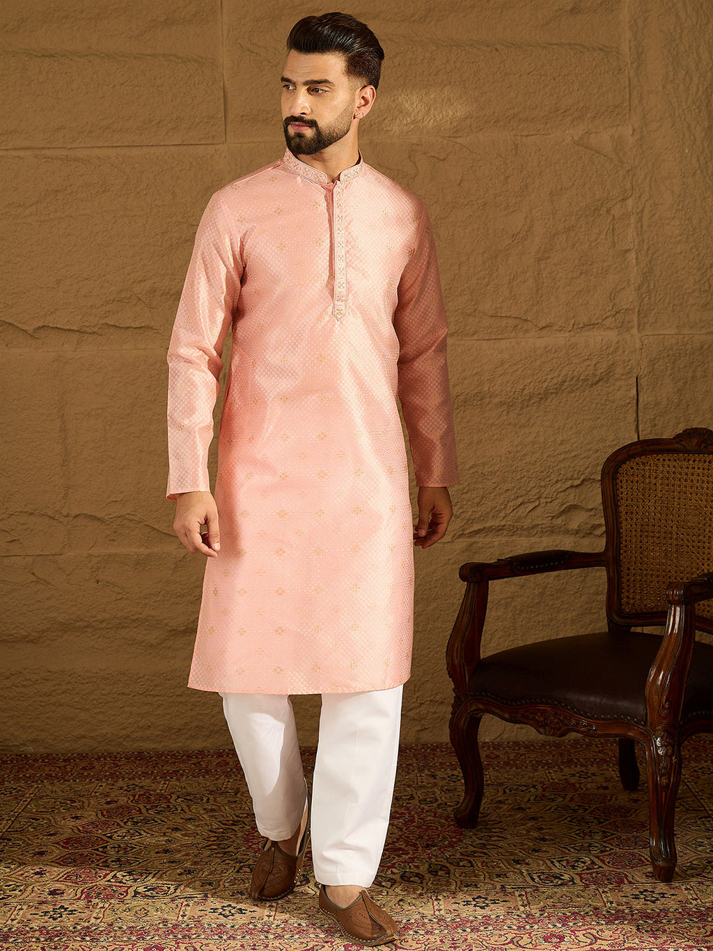 Men Peach Polyester Solid Embroidered Straight Kurta-MKU1351
