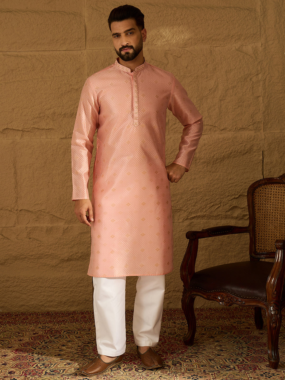 Men Peach Polyester Solid Embroidered Straight Kurta-MKU1351