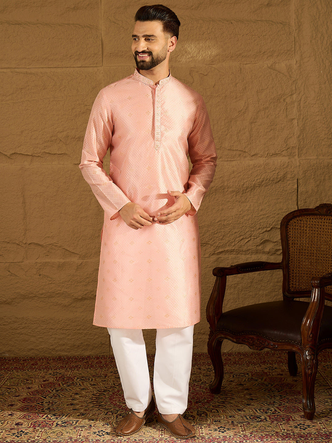 Men Peach Polyester Solid Embroidered Straight Kurta-MKU1351