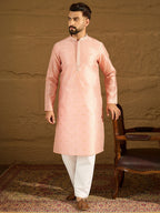 Men Peach Polyester Solid Embroidered Straight Kurta-MKU1351