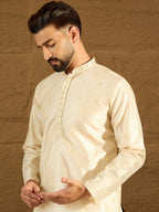 Men Off White Silk Blend Solid Woven Design Straight Kurta-MKU1352