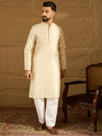 Men Off White Silk Blend Solid Woven Design Straight Kurta-MKU1352