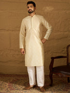Men Off White Silk Blend Solid Woven Design Straight Kurta-MKU1352