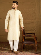 Men Off White Silk Blend Solid Woven Design Straight Kurta-MKU1352