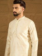 Men Off White Silk Blend Solid Woven Design Straight Kurta-MKU1352