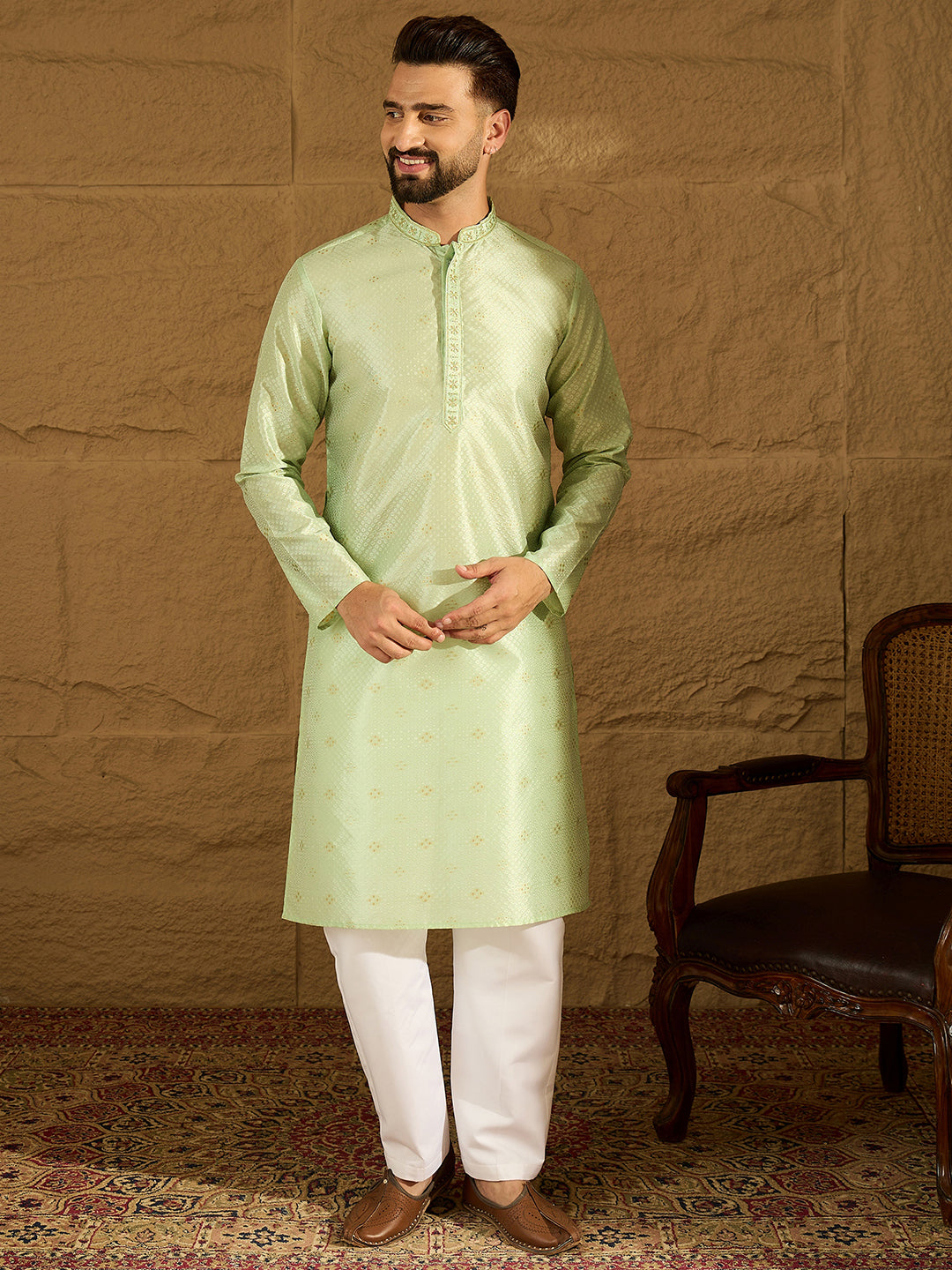 Men Yellow Silk Blend Solid Woven Design Straight Kurta-MKU1354