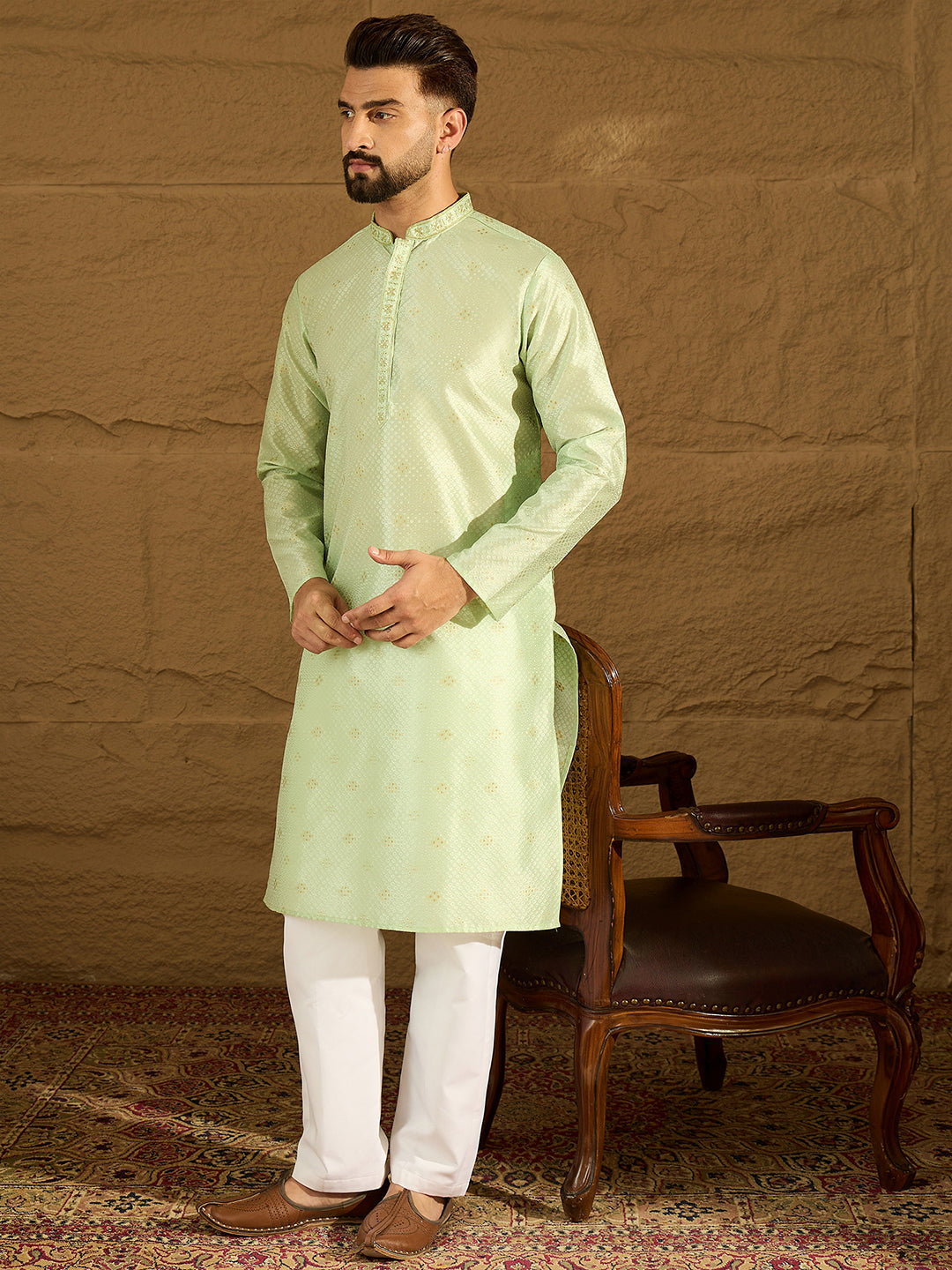 Men Yellow Silk Blend Solid Woven Design Straight Kurta-MKU1354
