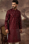 Maroon Silk Blend Solid Embroidered Straight Kurta MKU1361