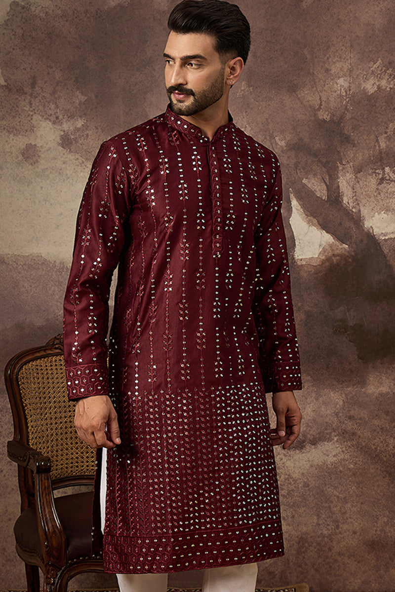 Maroon Silk Blend Solid Embroidered Straight Kurta MKU1361
