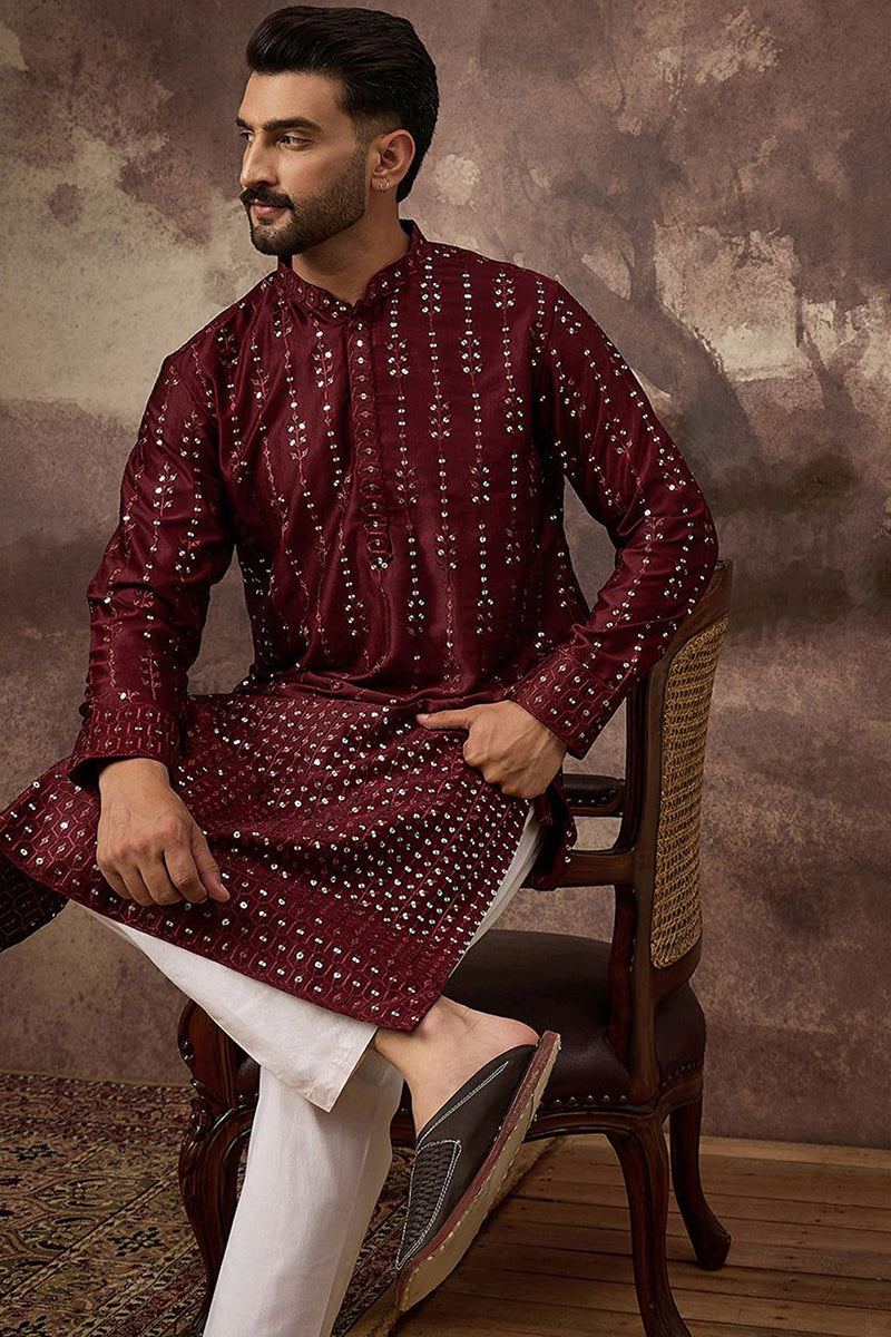 Maroon Silk Blend Solid Embroidered Straight Kurta MKU1361