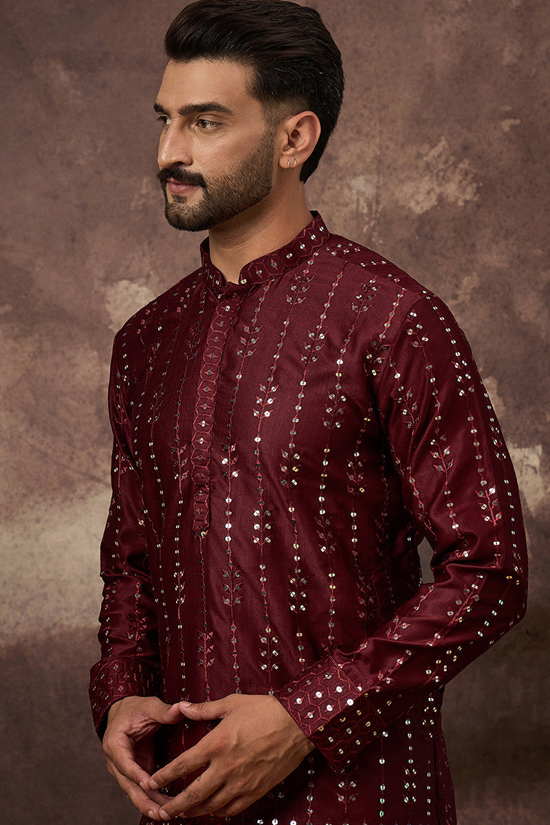 Maroon Silk Blend Solid Embroidered Straight Kurta MKU1361