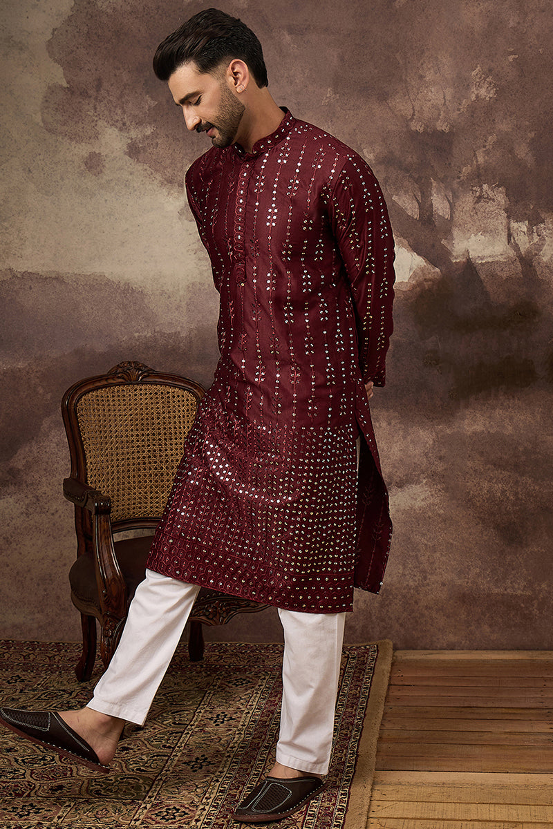 Maroon Silk Blend Solid Embroidered Straight Kurta MKU1361