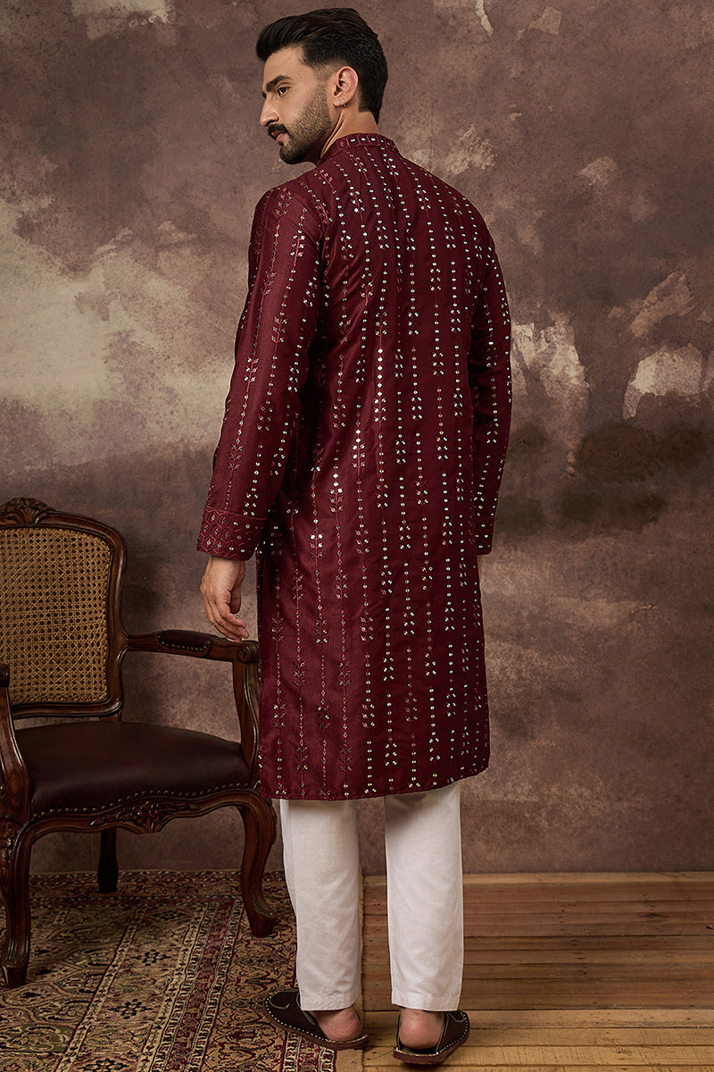 Maroon Silk Blend Solid Embroidered Straight Kurta MKU1361