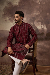 Maroon Silk Blend Solid Embroidered Straight Kurta MKU1361