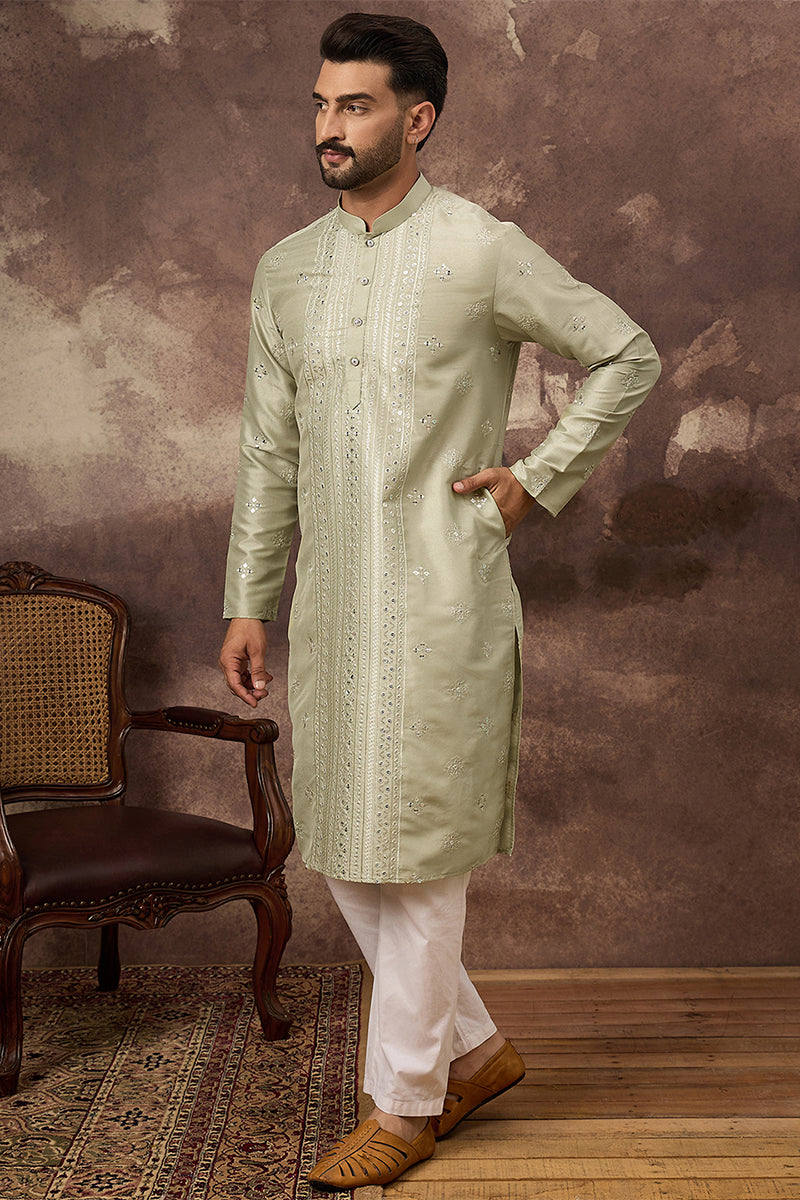 Green Silk Blend Embroidered Indian Wear for Men MKU1363 | DesiQlo