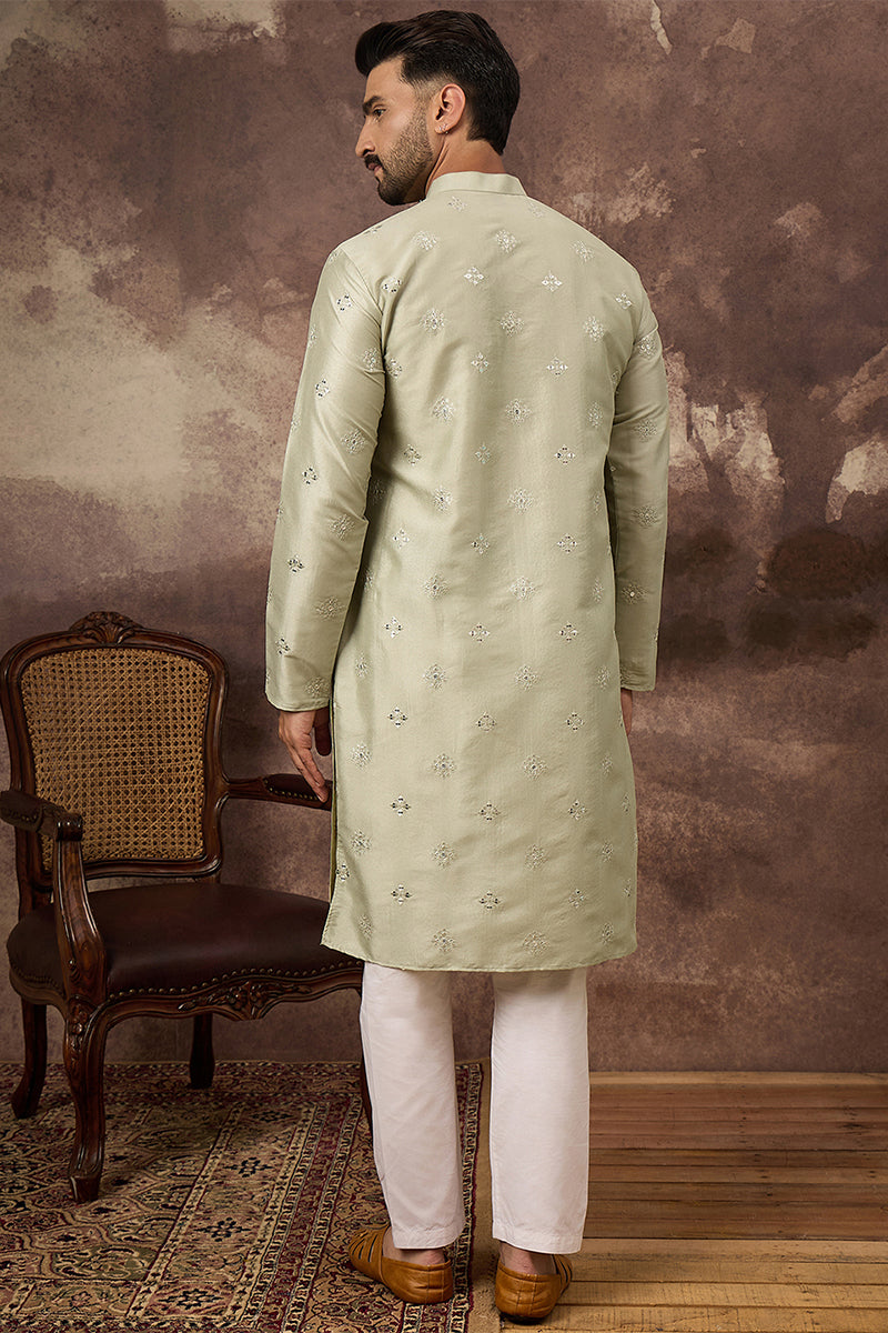 Green Silk Blend Embroidered Indian Wear for Men MKU1363 | DesiQlo