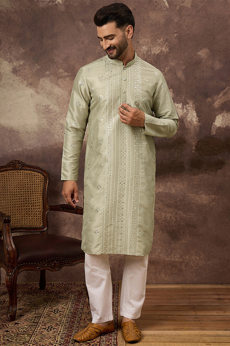 Green Silk Blend Embroidered Indian Wear for Men MKU1363 | DesiQlo