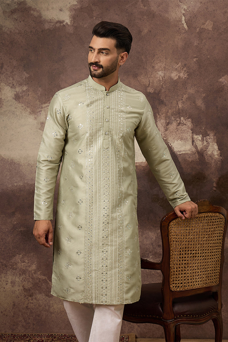 Green Silk Blend Embroidered Indian Wear for Men MKU1363 | DesiQlo