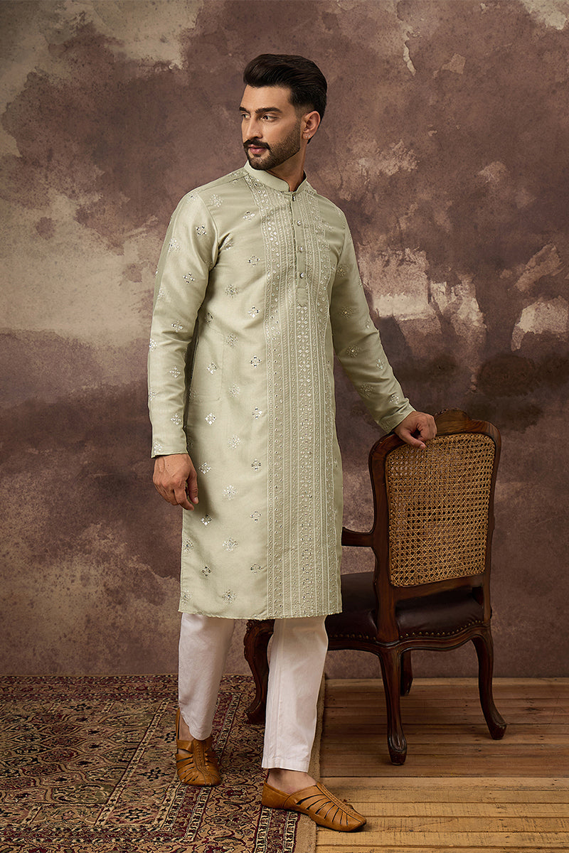 Green Silk Blend Embroidered Indian Wear for Men MKU1363 | DesiQlo