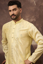 Yellow Silk Blend Solid Embroidered Straight Kurta MKU1364