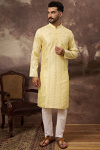 Yellow Silk Blend Solid Embroidered Straight Kurta MKU1364
