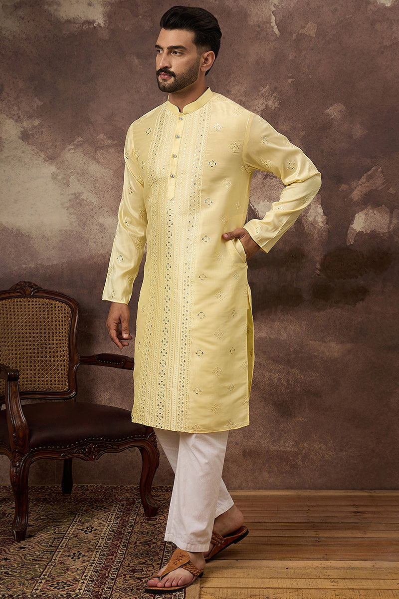 Yellow Silk Blend Solid Embroidered Straight Kurta MKU1364