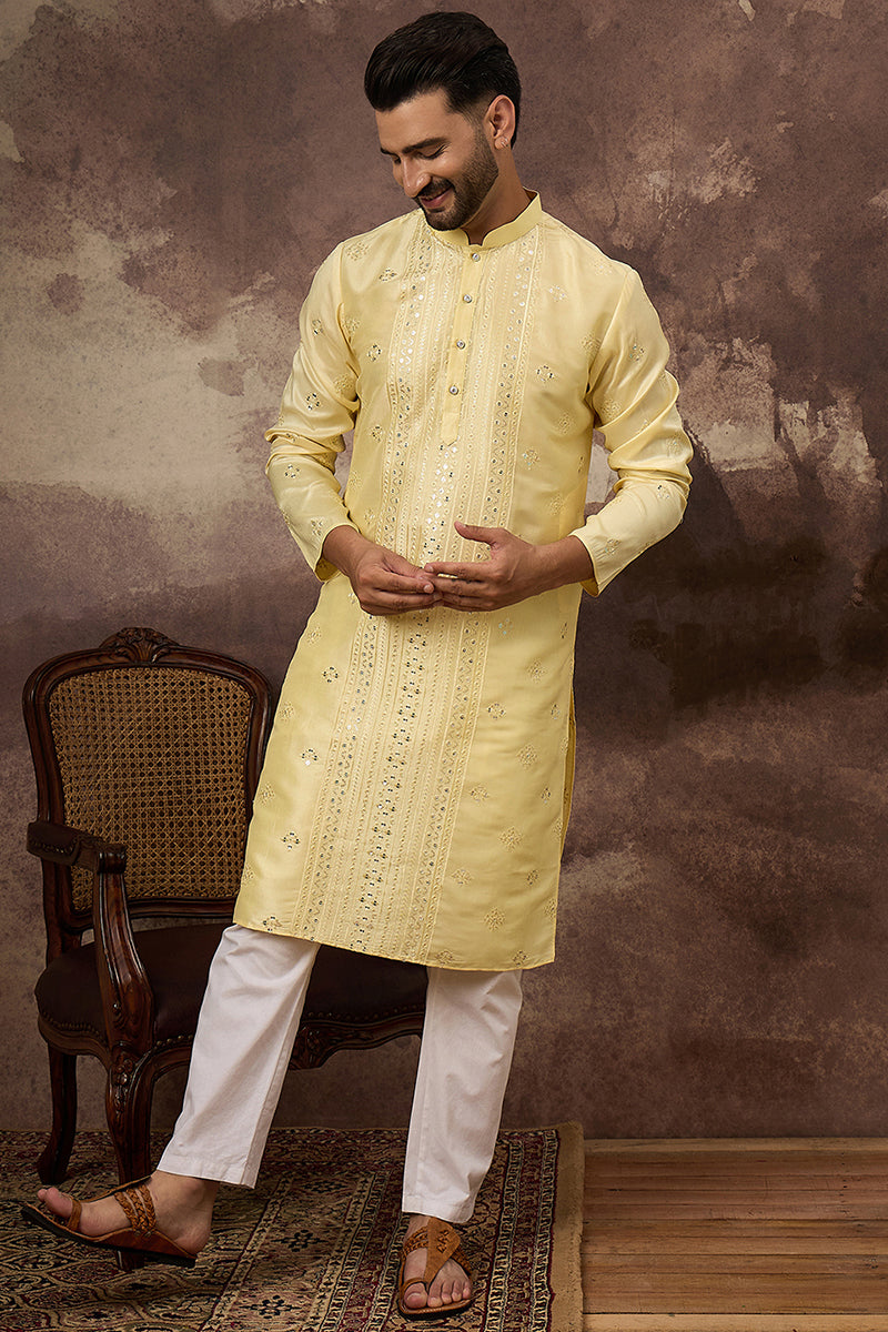 Yellow Silk Blend Solid Embroidered Straight Kurta MKU1364
