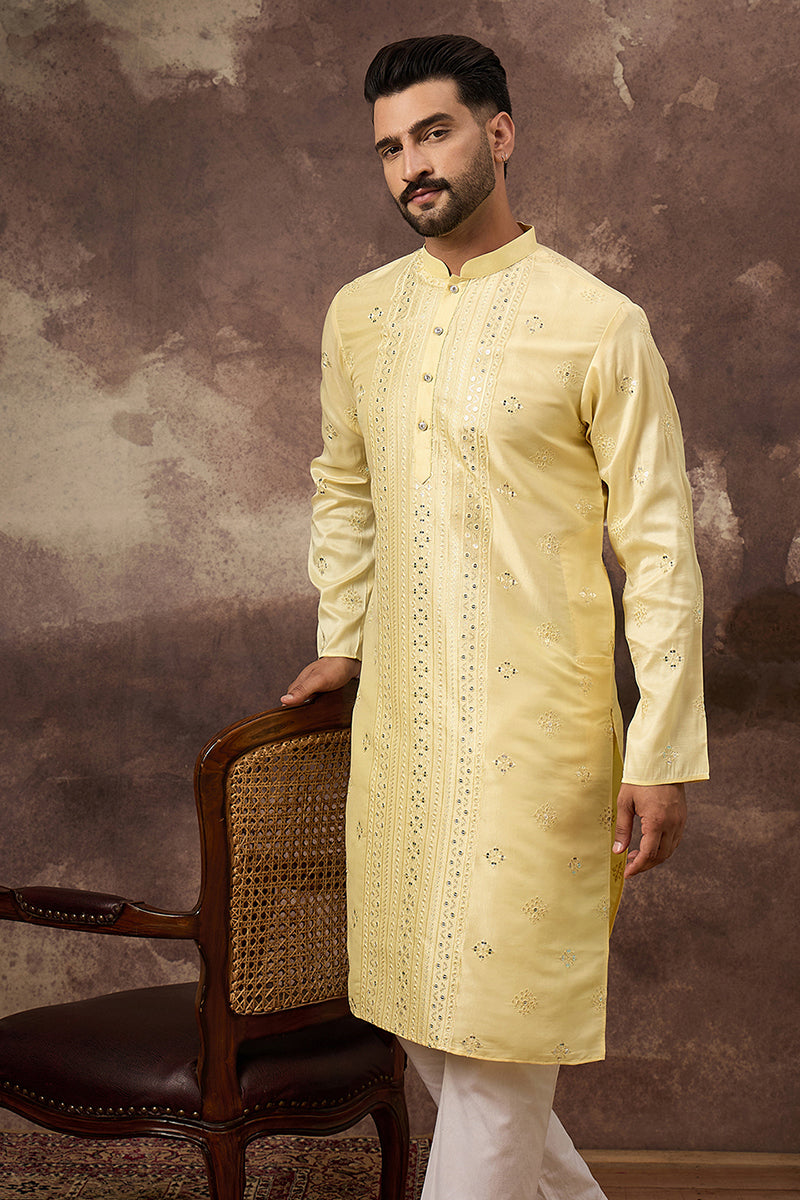 Yellow Silk Blend Solid Embroidered Straight Kurta MKU1364