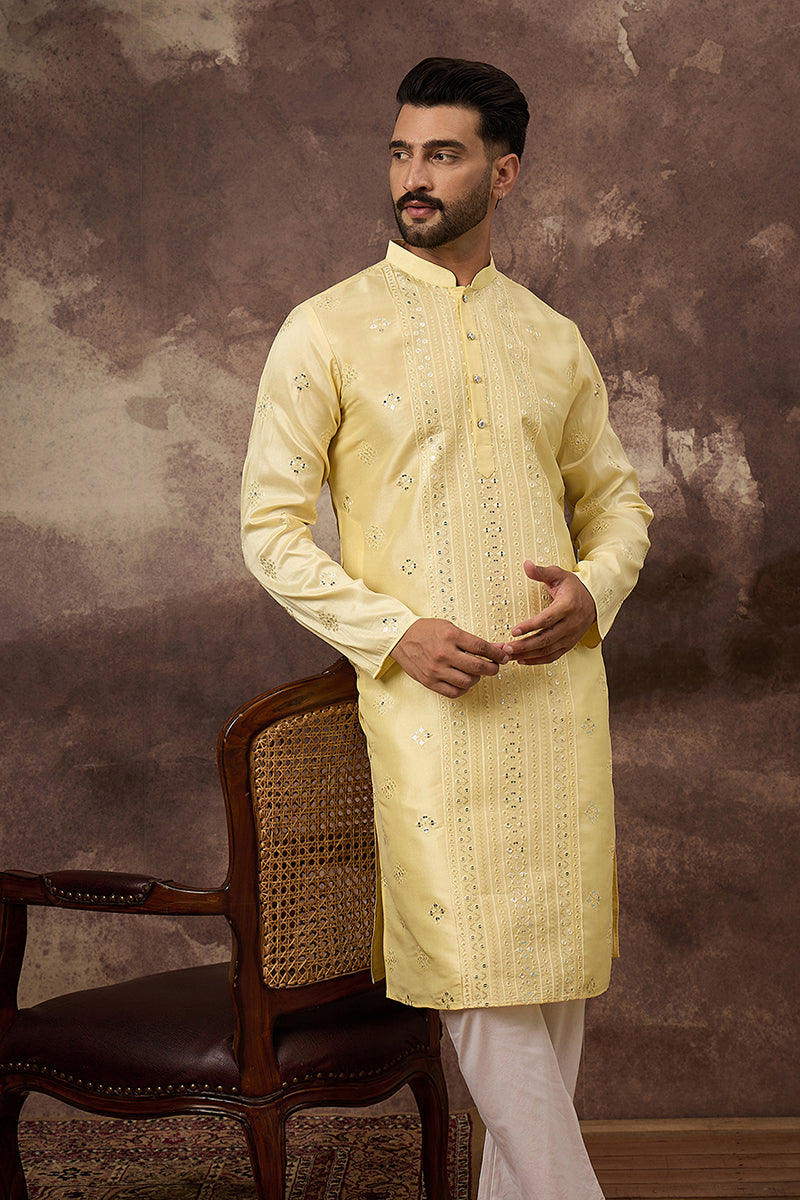 Yellow Silk Blend Solid Embroidered Straight Kurta MKU1364
