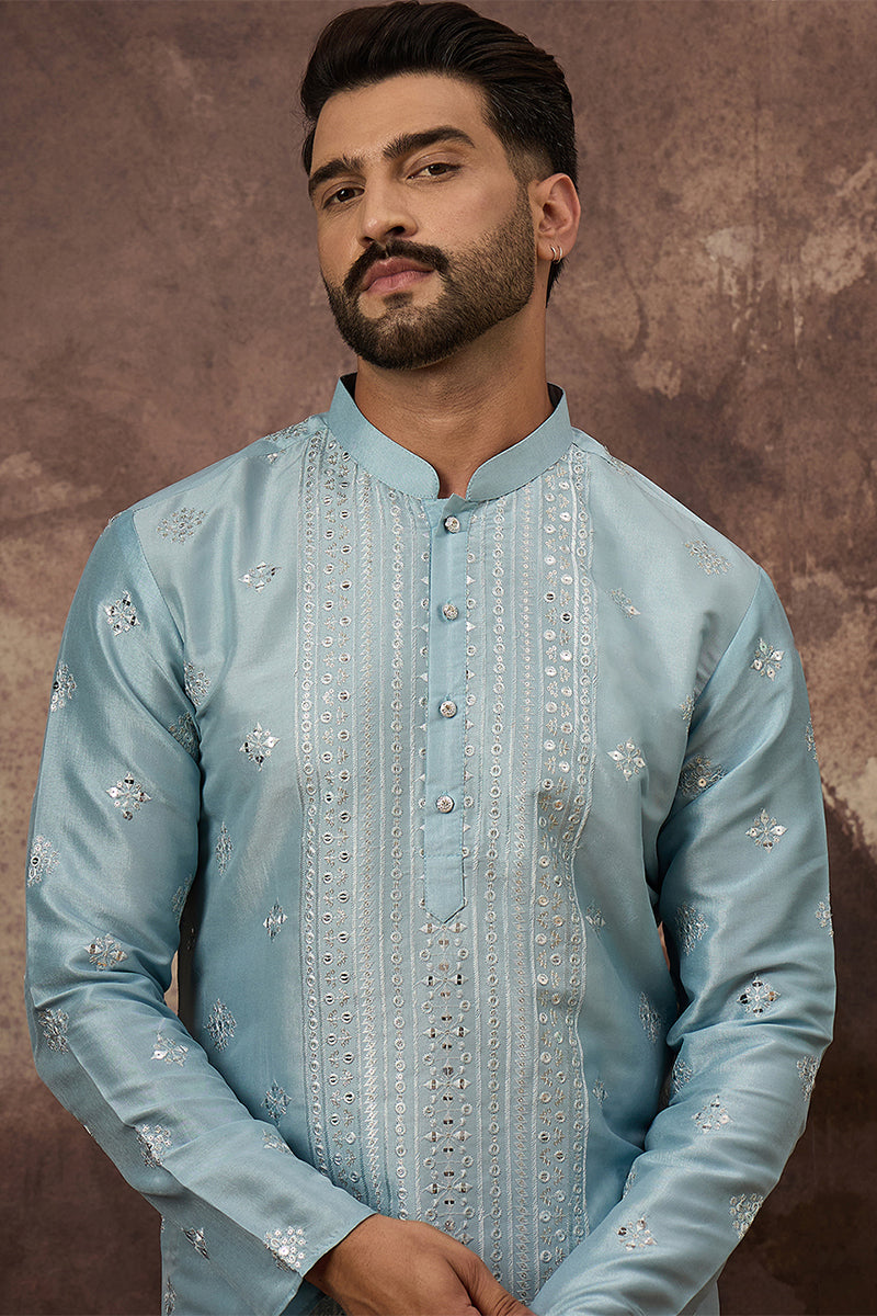 Blue Silk Blend Embroidered Indian Wear for Men MKU1365 | DesiQlo
