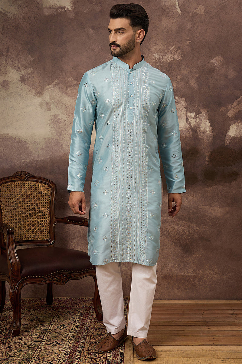 Blue Silk Blend Embroidered Indian Wear for Men MKU1365 | DesiQlo