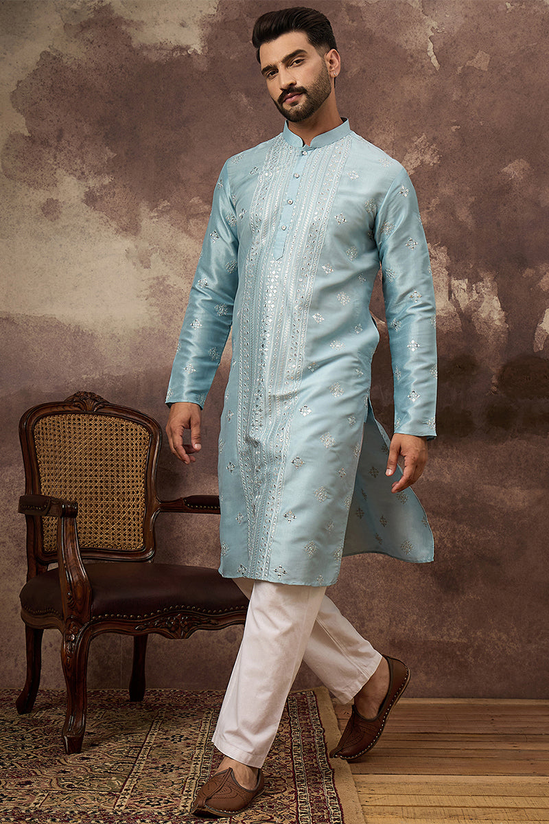 Blue Silk Blend Embroidered Indian Wear for Men MKU1365 | DesiQlo