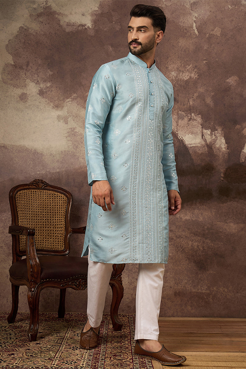 Blue Silk Blend Embroidered Indian Wear for Men MKU1365 | DesiQlo