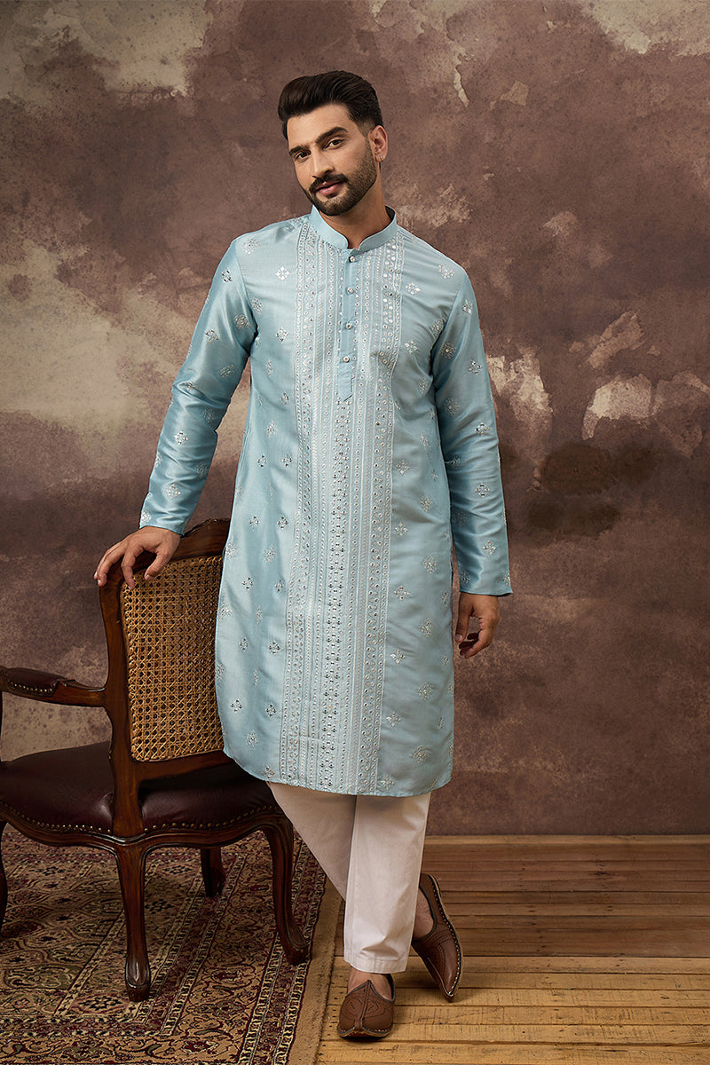 Blue Silk Blend Embroidered Indian Wear for Men MKU1365 | DesiQlo