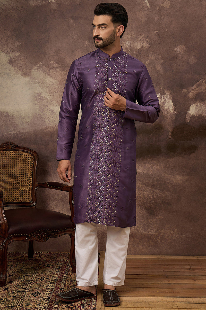 Purple Silk Solid Embroidered Straight Kurta MKU1366