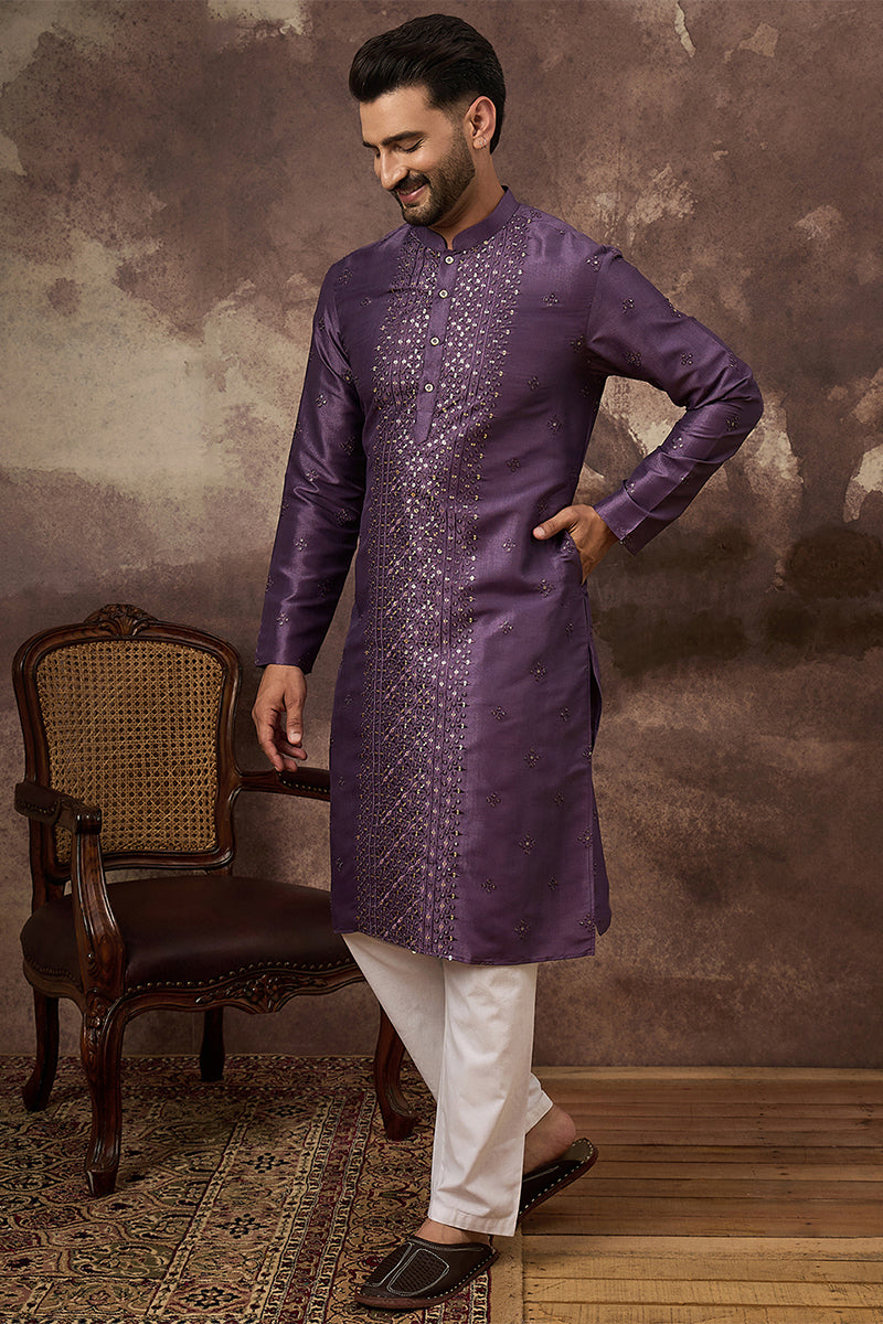 Purple Silk Solid Embroidered Straight Kurta MKU1366