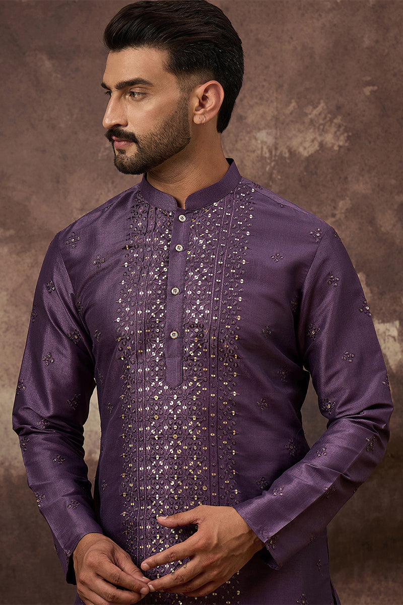 Purple Silk Solid Embroidered Straight Kurta MKU1366