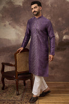 Purple Silk Solid Embroidered Straight Kurta MKU1366
