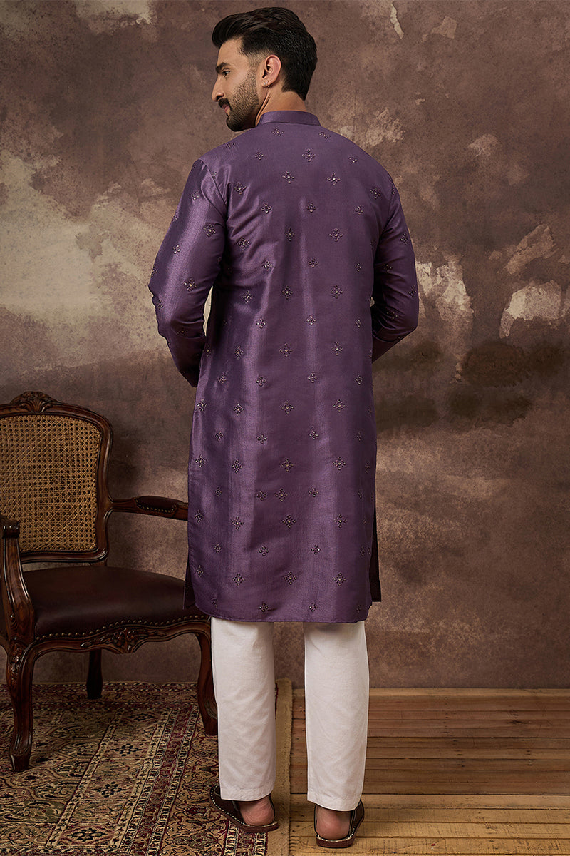 Purple Silk Solid Embroidered Straight Kurta MKU1366
