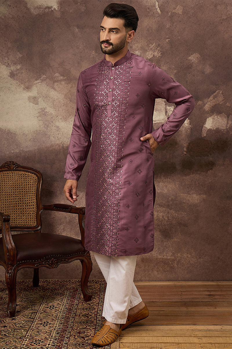 Mauve Silk Blend Solid Embroidered Straight Kurta MKU1368
