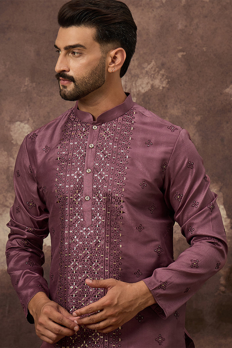 Mauve Silk Blend Solid Embroidered Straight Kurta MKU1368