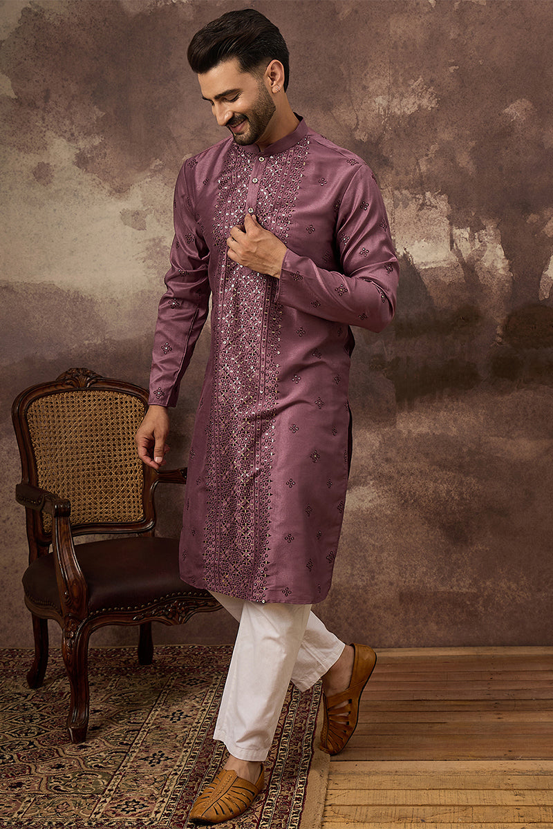 Mauve Silk Blend Solid Embroidered Straight Kurta MKU1368