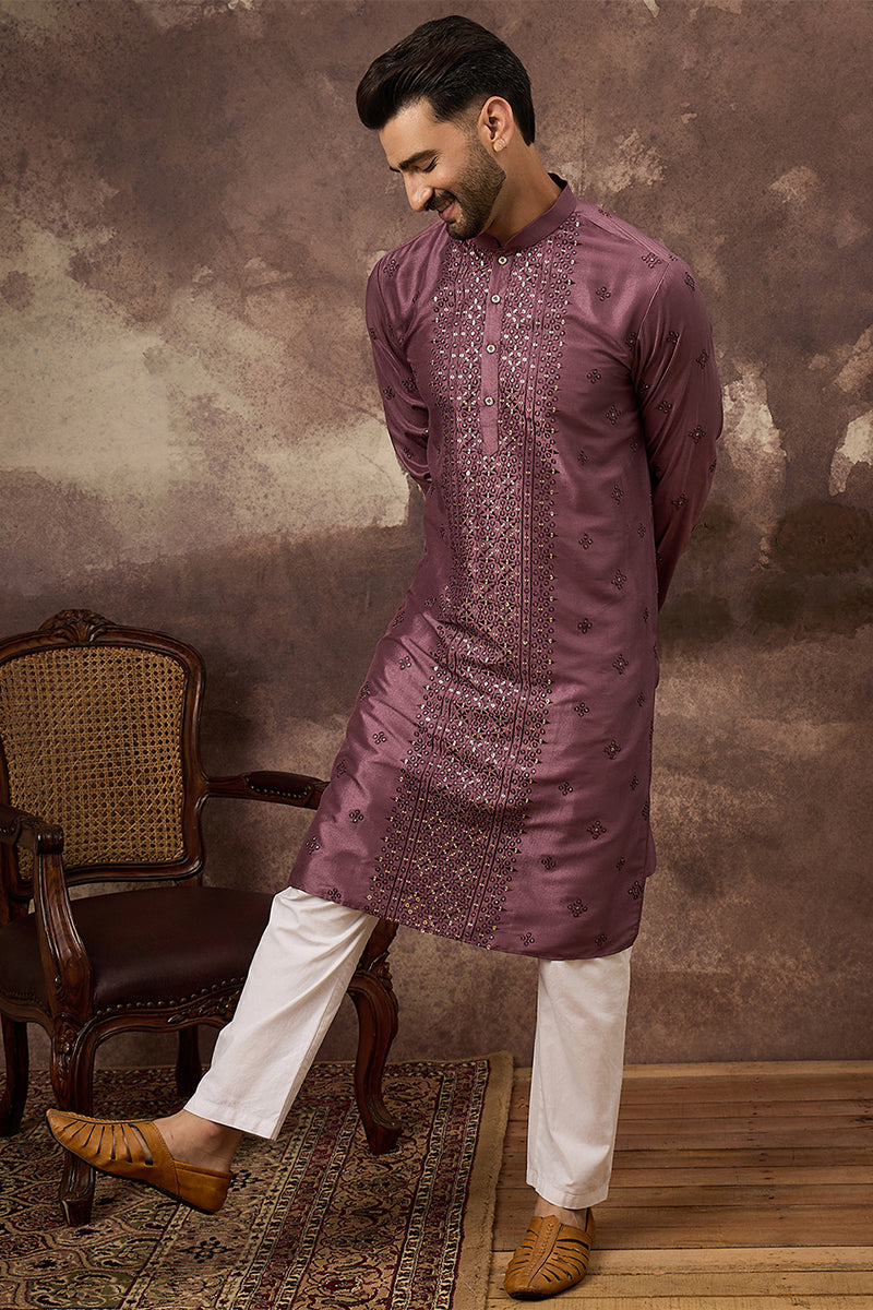 Mauve Silk Blend Solid Embroidered Straight Kurta MKU1368