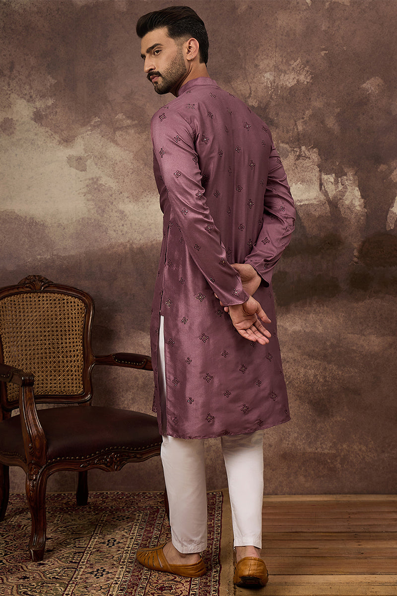 Mauve Silk Blend Solid Embroidered Straight Kurta MKU1368
